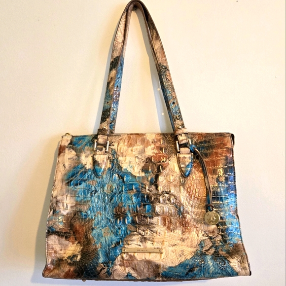Brahmin Teal Blue Camel Brown Gold Genuine Leather Satchel Osrhich Purse